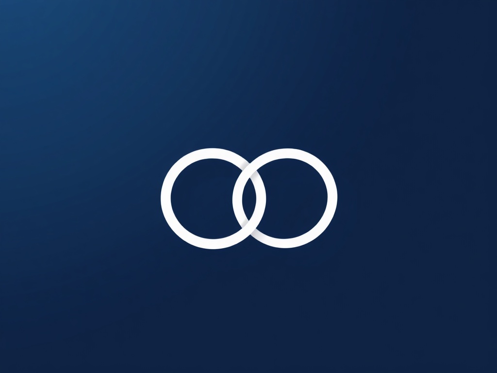 Minimalist geometric logo mark: two interlocking circles forming an abstract infinity symbol, clean white lines on a dark blue gradient background, soft shadow, photorealistic render, high-end corporate style, isolated for favicon or app icon.